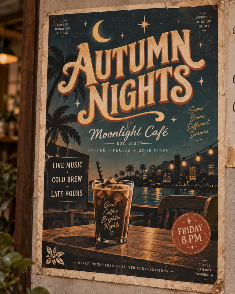 Approved edited café poster with AUTUMN NIGHTS headline in the original visual style