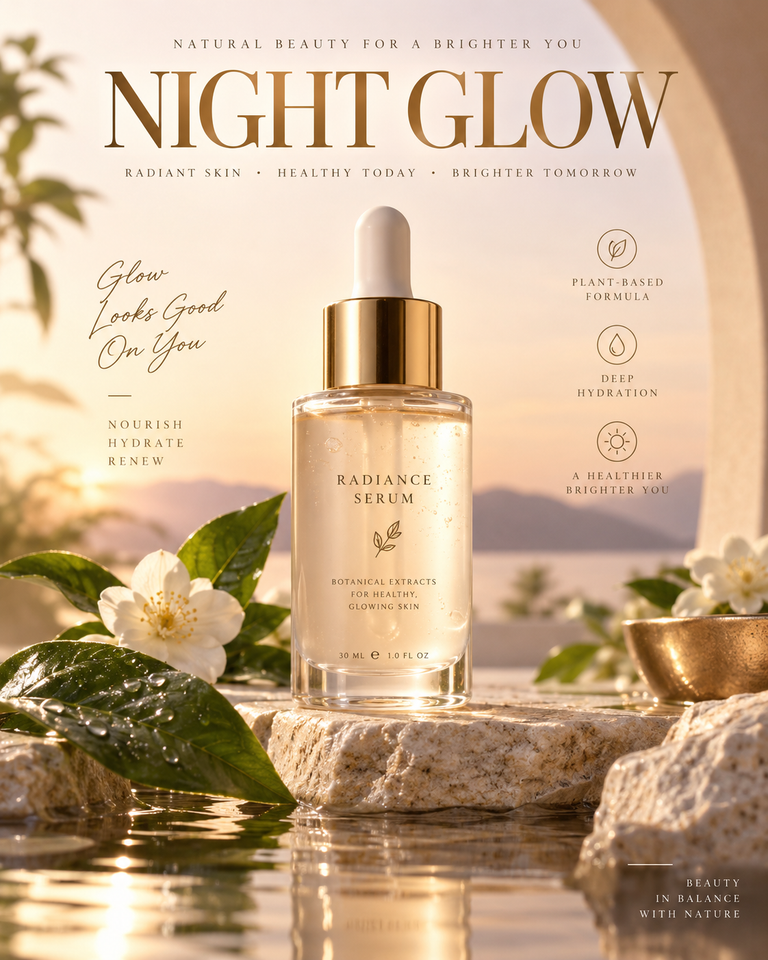 Edited skincare advertisement with NIGHT GLOW headline and the surrounding product artwork preserved