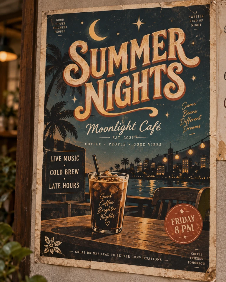 Original café poster with SUMMER NIGHTS headline, vintage lettering and waterfront artwork
